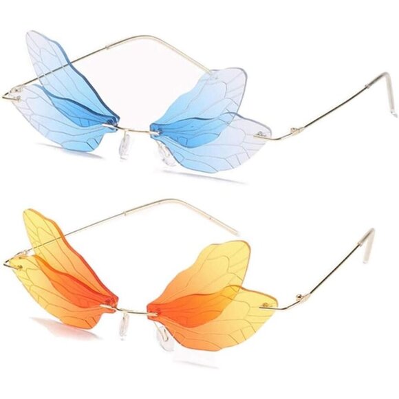 🆕Women Blue Dragonfly Wing Shape Frameless Irregular Shades Party Sun Glasses - Picture 1 of 4